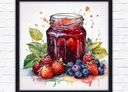 Fresh fruit jam pot. Framed picture print. A choice of frames and sizes, square.