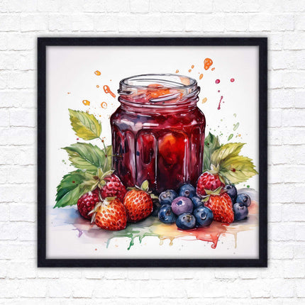 Fresh fruit jam pot. Framed picture print. A choice of frames and sizes, square.