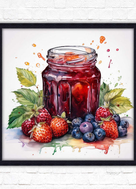 Fresh fruit jam pot. Framed picture print. A choice of frames and sizes, square.