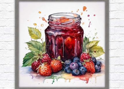 Fresh fruit jam pot. Framed picture print. A choice of frames and sizes, square.