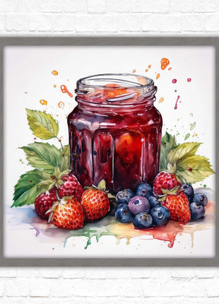 Fresh fruit jam pot. Framed picture print. A choice of frames and sizes, square.