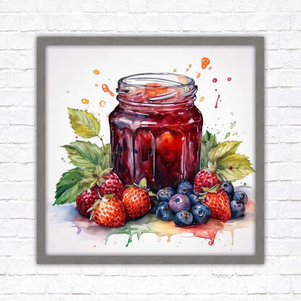 Fresh fruit jam pot. Framed picture print. A choice of frames and sizes, square.