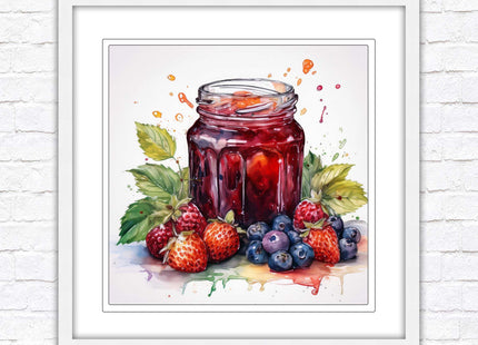 Fresh fruit jam pot. Framed picture print. A choice of frames and sizes, square.