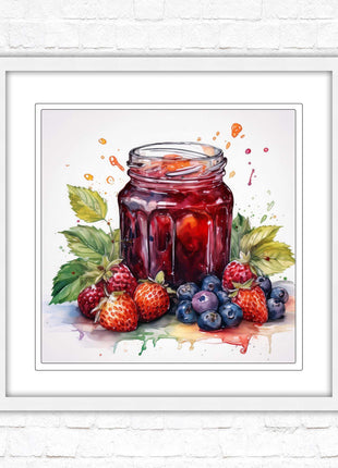 Fresh fruit jam pot. Framed picture print. A choice of frames and sizes, square.