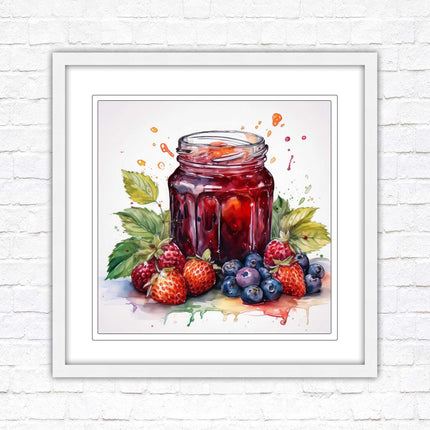 Fresh fruit jam pot. Framed picture print. A choice of frames and sizes, square.