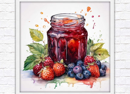 Fresh fruit jam pot. Framed picture print. A choice of frames and sizes, square.