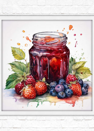 Fresh fruit jam pot. Framed picture print. A choice of frames and sizes, square.