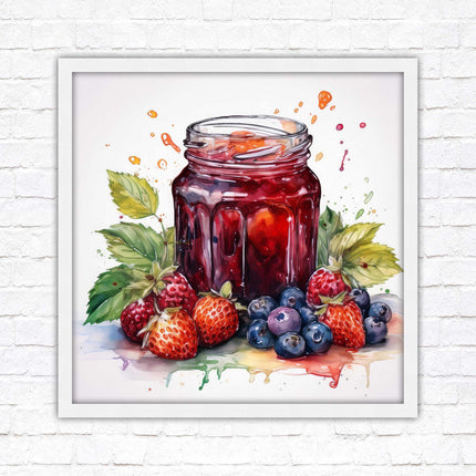 Fresh fruit jam pot. Framed picture print. A choice of frames and sizes, square.