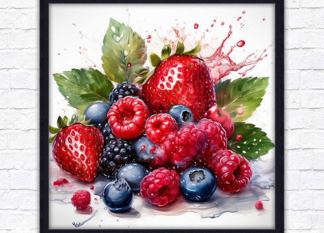 Mixed Berries Fresh fruit. Framed picture print. A choice of frames and sizes, square.