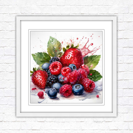Mixed Berries Fresh fruit. Framed picture print. A choice of frames and sizes, square.
