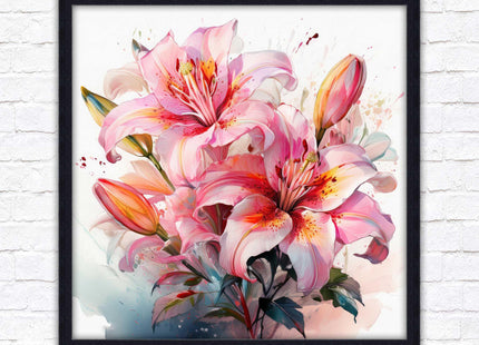Pink lilies, Framed picture print. A choice of frames and sizes, Framed square wall art.