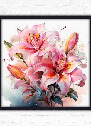 Pink lilies, Framed picture print. A choice of frames and sizes, Framed square wall art.