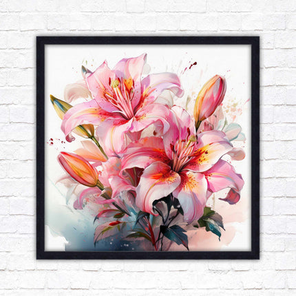 Pink lilies, Framed picture print. A choice of frames and sizes, Framed square wall art.