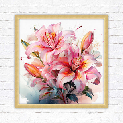 Pink lilies, Framed picture print. A choice of frames and sizes, Framed square wall art.