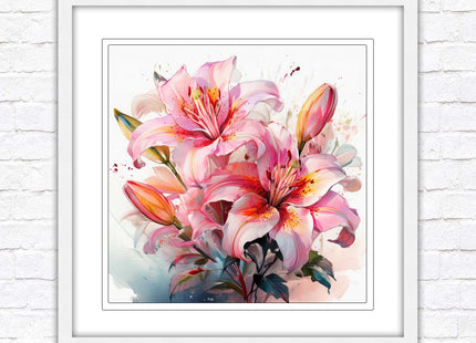 Pink lilies, Framed picture print. A choice of frames and sizes, Framed square wall art.