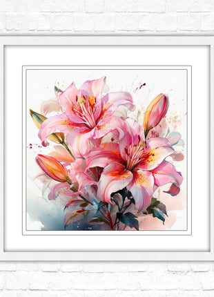 Pink lilies, Framed picture print. A choice of frames and sizes, Framed square wall art.