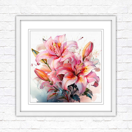 Pink lilies, Framed picture print. A choice of frames and sizes, Framed square wall art.