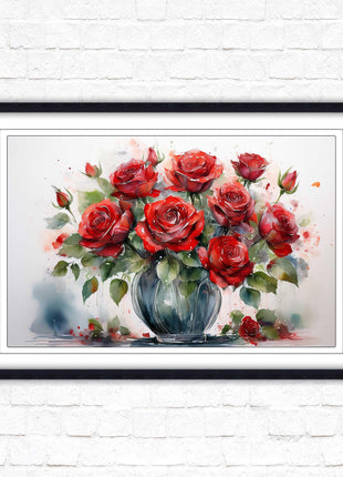 Red Roses in a vase. Framed floral painting. Printed and framed with choice of frame colours