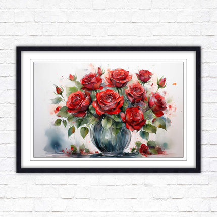 Red Roses in a vase. Framed floral painting. Printed and framed with choice of frame colours