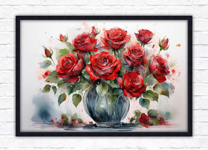 Red Roses in a vase. Framed floral painting. Printed and framed with choice of frame colours