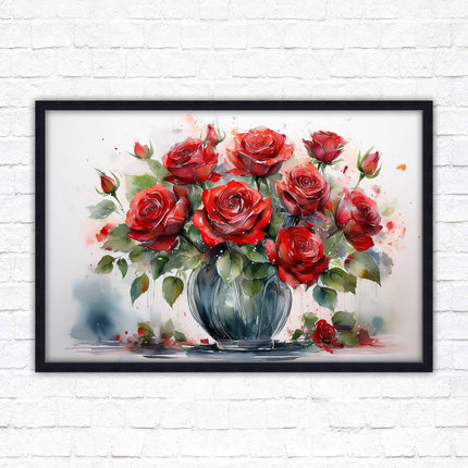 Red Roses in a vase. Framed floral painting. Printed and framed with choice of frame colours
