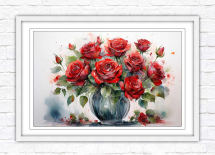 Red Roses in a vase. Framed floral painting. Printed and framed with choice of frame colours