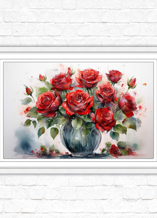 Red Roses in a vase. Framed floral painting. Printed and framed with choice of frame colours