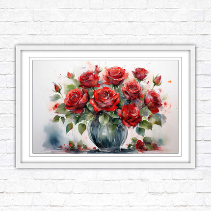 Red Roses in a vase. Framed floral painting. Printed and framed with choice of frame colours