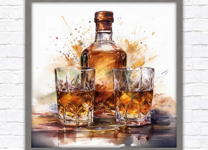 Whiskey bottle and glasses. Painting, Framed picture print. A choice of frames and sizes, square.
