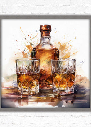 Whiskey bottle and glasses. Painting, Framed picture print. A choice of frames and sizes, square.
