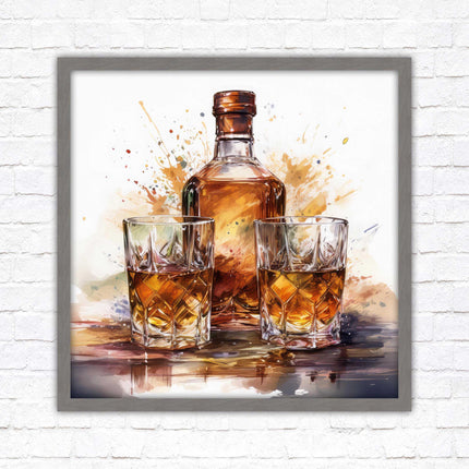 Whiskey bottle and glasses. Painting, Framed picture print. A choice of frames and sizes, square.
