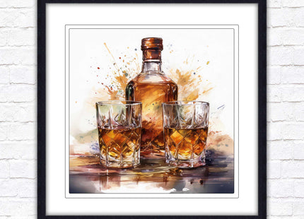 Whiskey bottle and glasses. Painting, Framed picture print. A choice of frames and sizes, square.