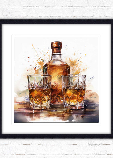 Whiskey bottle and glasses. Painting, Framed picture print. A choice of frames and sizes, square.