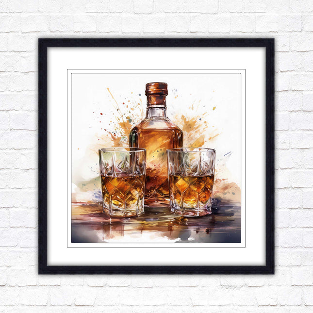 Whiskey bottle and glasses. Painting, Framed picture print. A choice of frames and sizes, square.