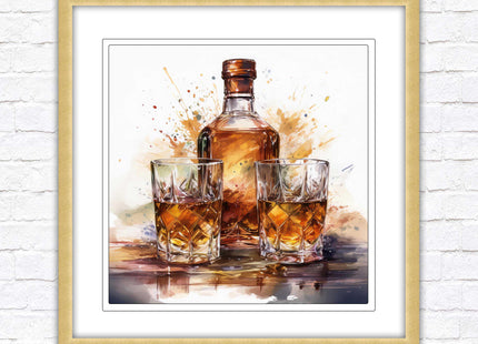 Whiskey bottle and glasses. Painting, Framed picture print. A choice of frames and sizes, square.