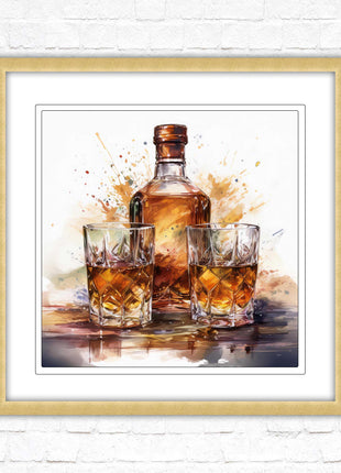 Whiskey bottle and glasses. Painting, Framed picture print. A choice of frames and sizes, square.