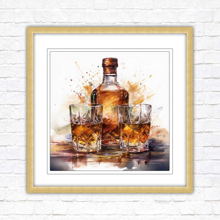 Whiskey bottle and glasses. Painting, Framed picture print. A choice of frames and sizes, square.