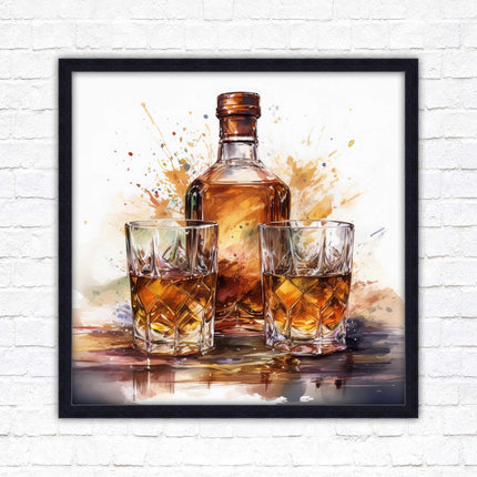 Whiskey bottle and glasses. Painting, Framed picture print. A choice of frames and sizes, square.