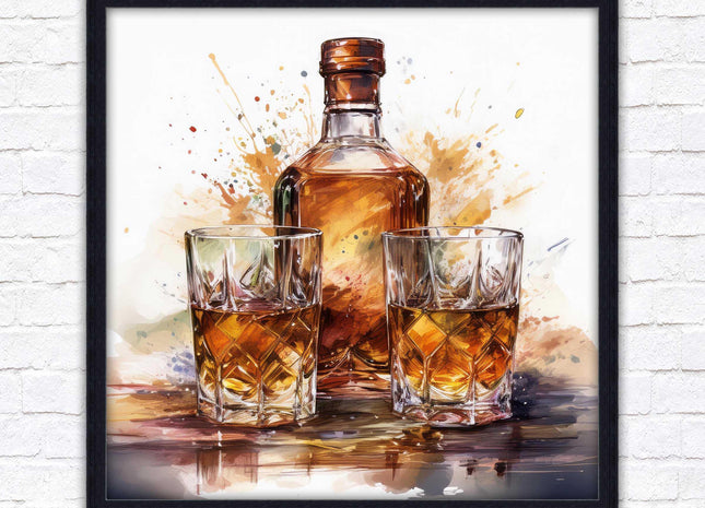 Whiskey bottle and glasses. Painting, Framed picture print. A choice of frames and sizes, square.