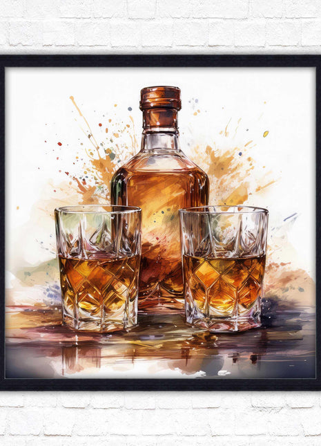 Whiskey bottle and glasses. Painting, Framed picture print. A choice of frames and sizes, square.