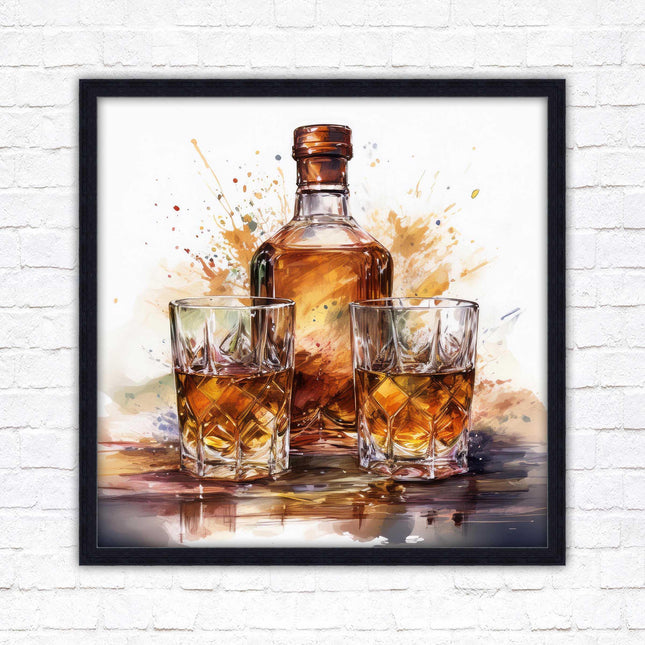 Whiskey bottle and glasses. Painting, Framed picture print. A choice of frames and sizes, square.