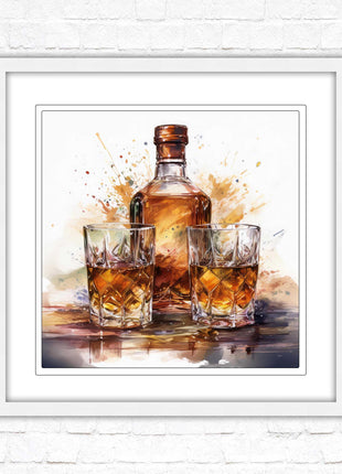 Whiskey bottle and glasses. Painting, Framed picture print. A choice of frames and sizes, square.