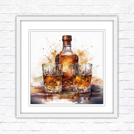 Whiskey bottle and glasses. Painting, Framed picture print. A choice of frames and sizes, square.