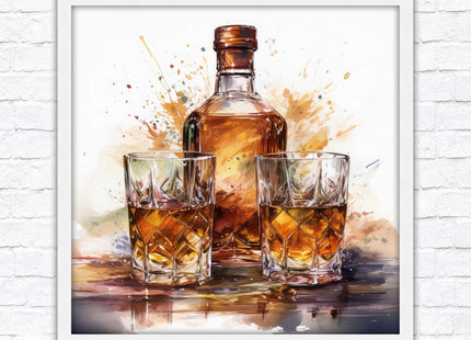 Whiskey bottle and glasses. Painting, Framed picture print. A choice of frames and sizes, square.