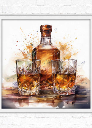 Whiskey bottle and glasses. Painting, Framed picture print. A choice of frames and sizes, square.