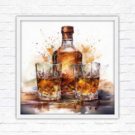 Whiskey bottle and glasses. Painting, Framed picture print. A choice of frames and sizes, square.
