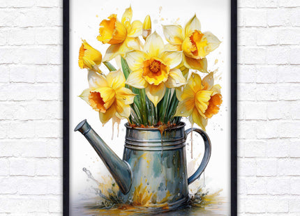 Daffodils. Printed, Framed picture with choice of frame colours and options. Spring Daffodils in vintage watering can.