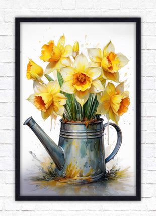 Daffodils. Printed, Framed picture with choice of frame colours and options. Spring Daffodils in vintage watering can.