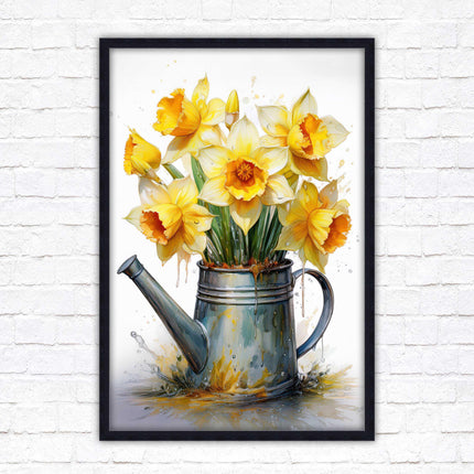 Daffodils. Printed, Framed picture with choice of frame colours and options. Spring Daffodils in vintage watering can.