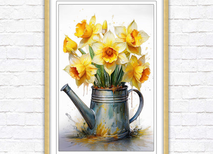 Daffodils. Printed, Framed picture with choice of frame colours and options. Spring Daffodils in vintage watering can.